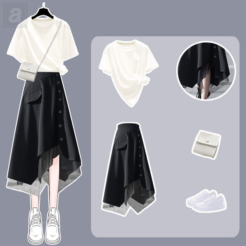白色/T恤+黑色/素面/半身裙