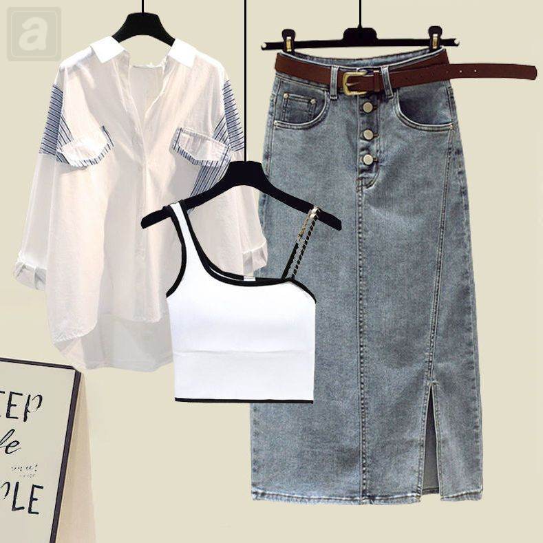 白色/細肩帶+白色條紋/襯衫+藍色/半身裙類