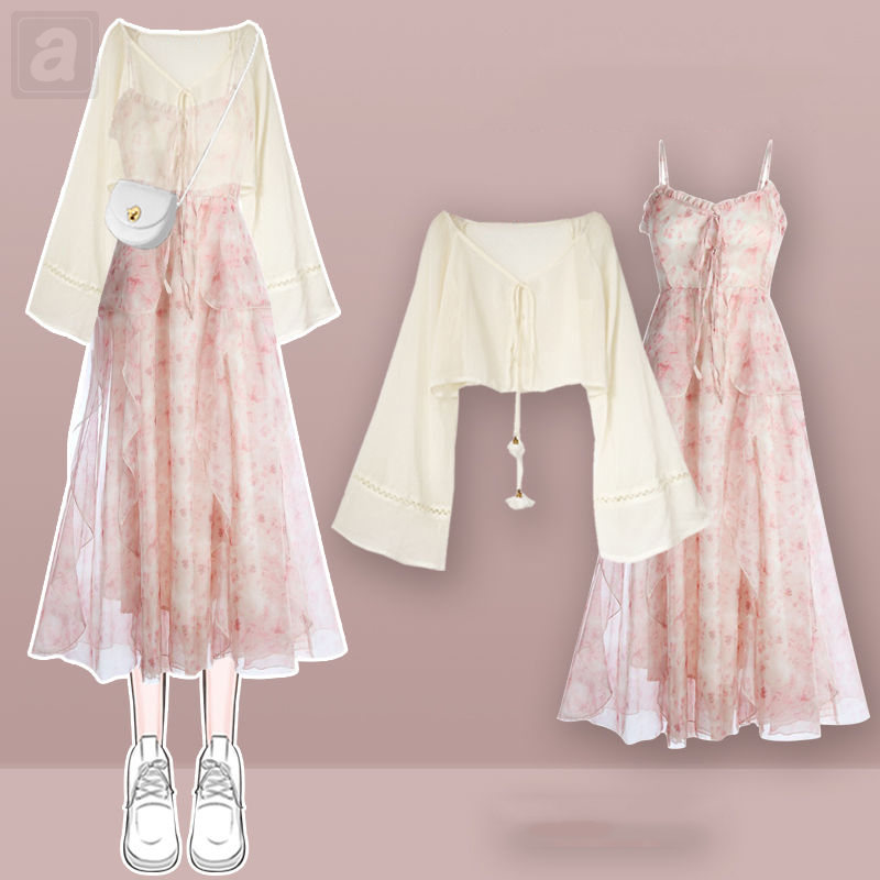米白色/防曬衫+粉色/洋裝