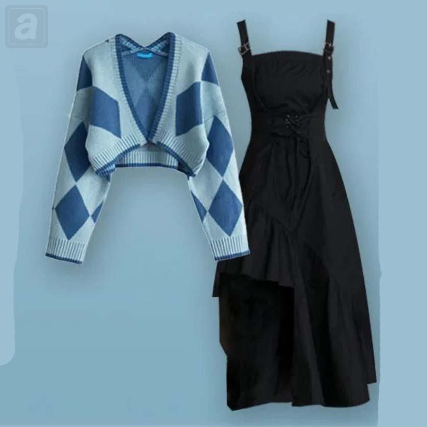藍色針織開衫+黑色洋裝