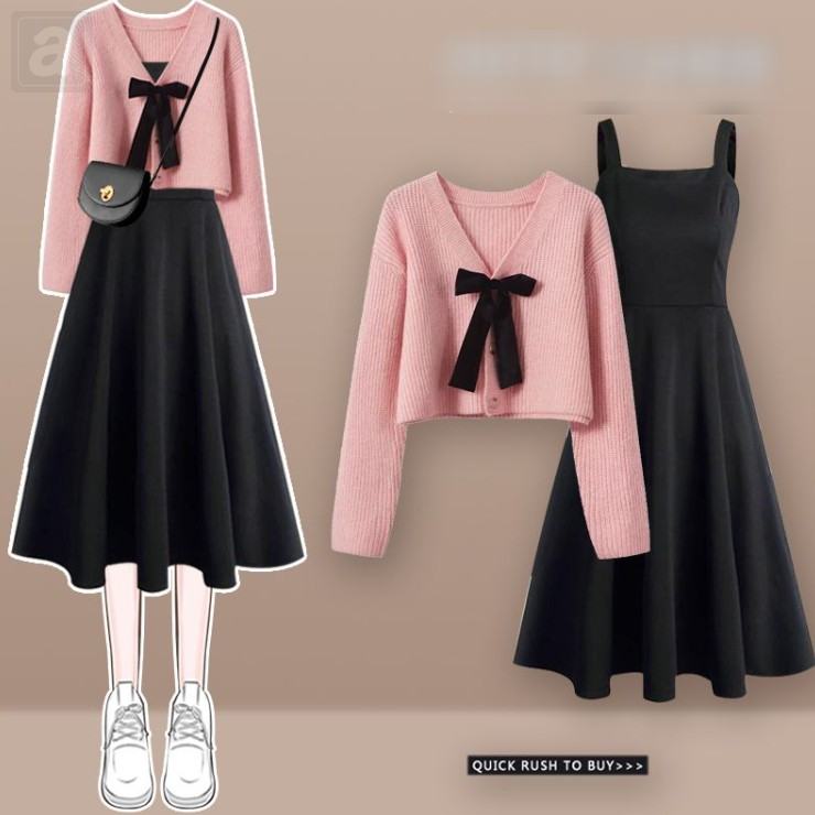 粉色/毛衣+黑色/吊帶裙