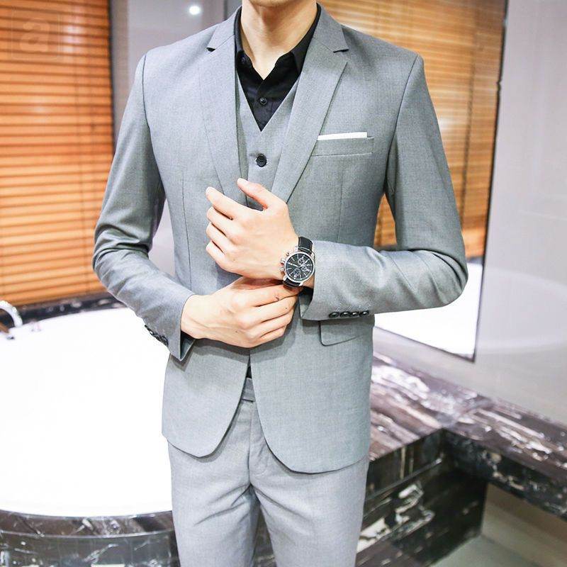 灰色/西裝外套+白色/襯衫+灰色/馬甲+領帶+灰色/素面/西装裤