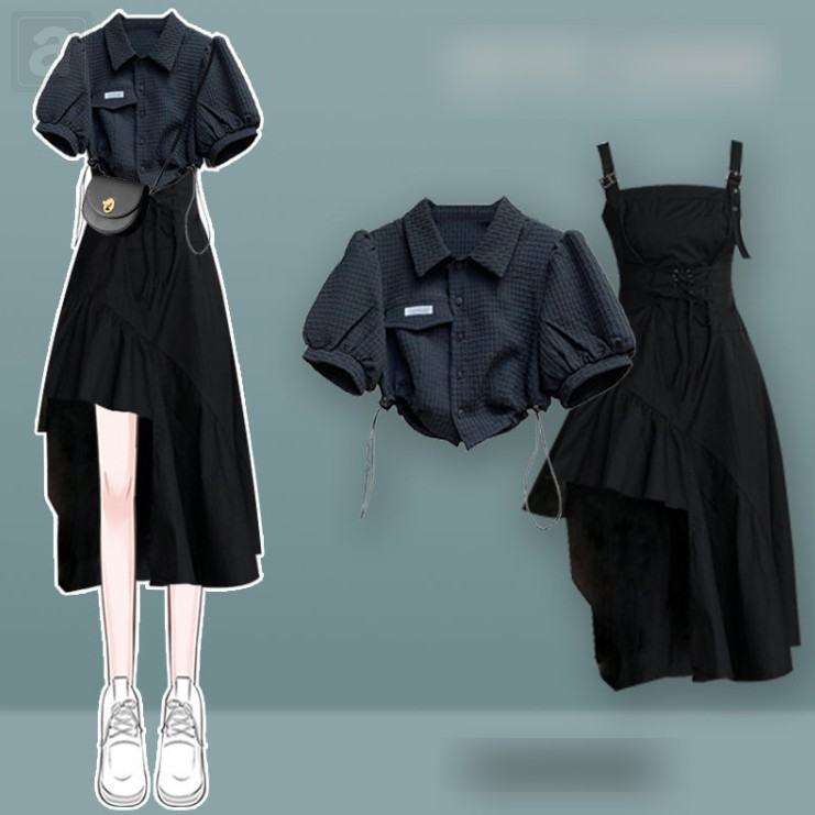 深藍色襯衫+黑色吊帶洋裝