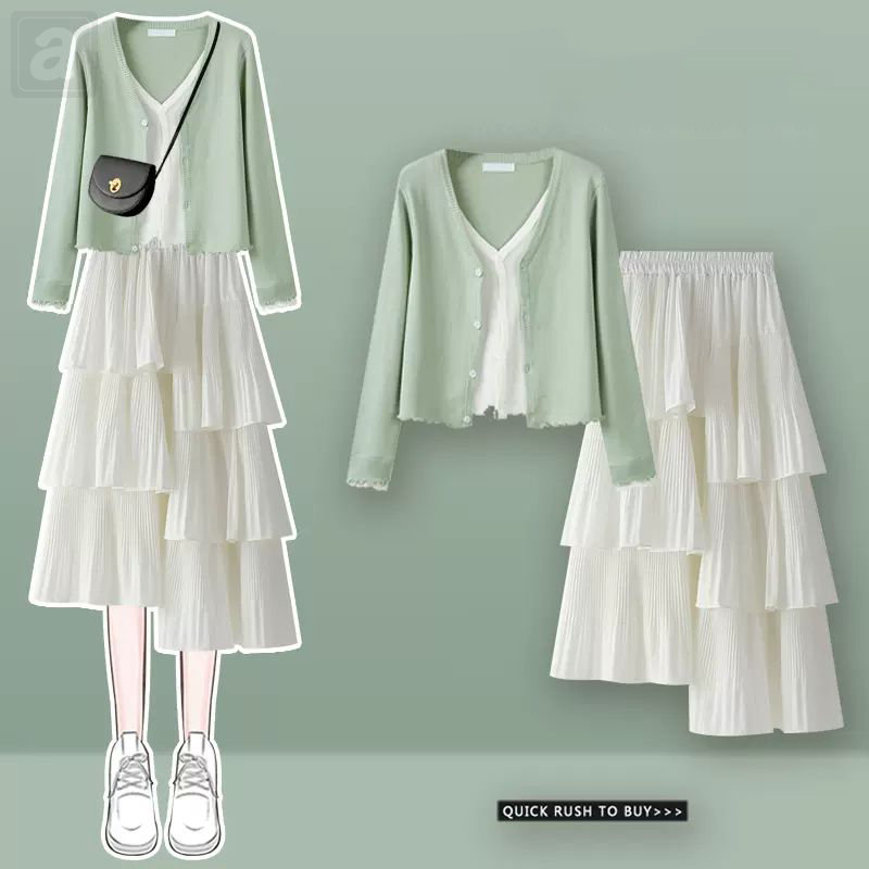 綠色上衣+白色半身裙/套裝