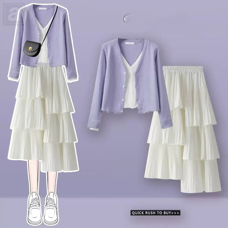 紫色上衣+白色半身裙/套裝