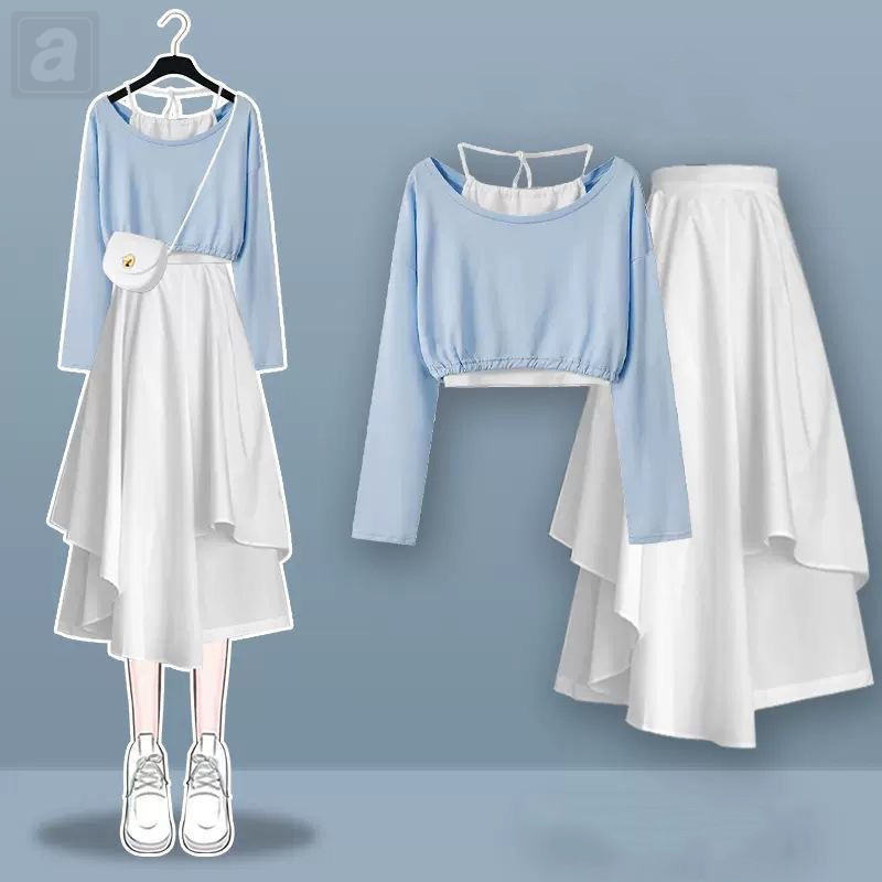 藍色/上衣+白色/吊帶+白色/半身裙類