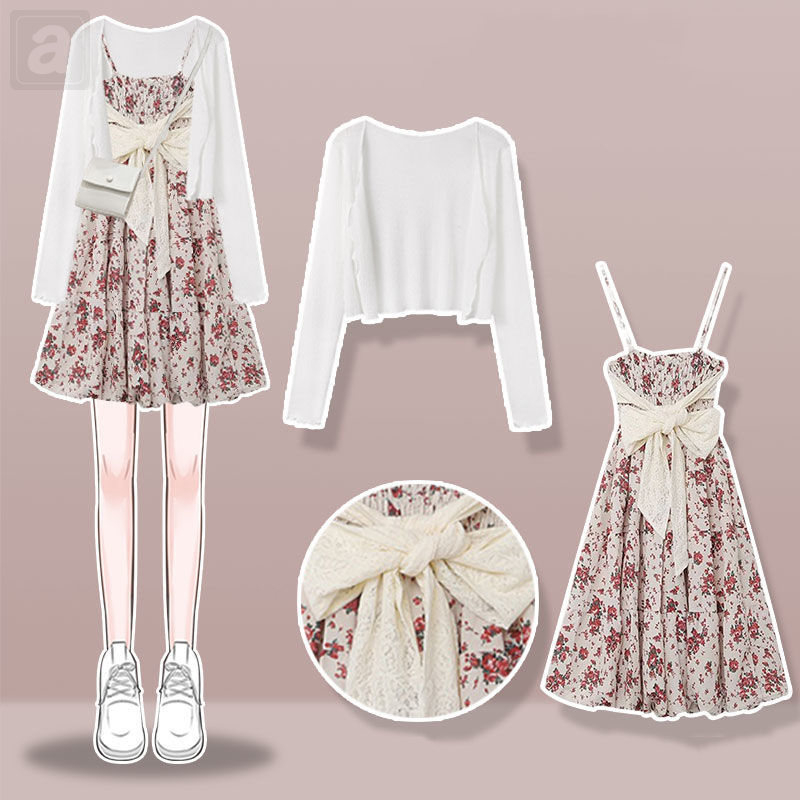 白色/開衫+粉色/洋裝