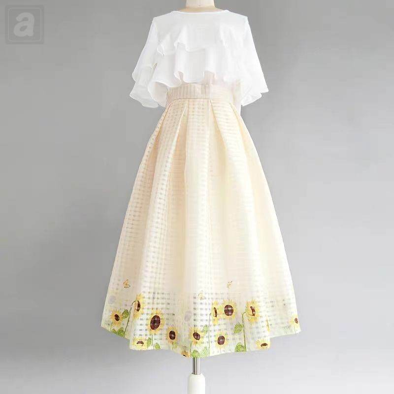 白色/雪紡衫+黃色/半身裙