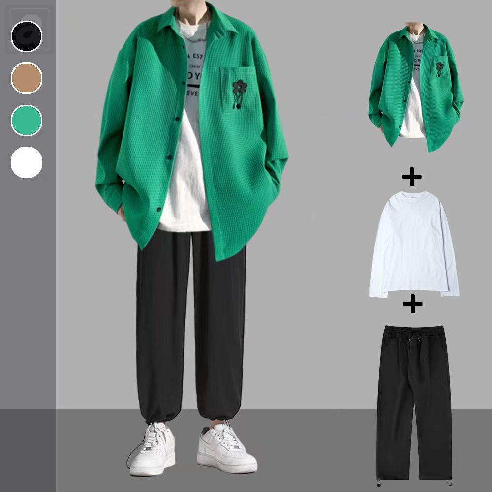 綠色/襯衫+白色/T恤+黑色/褲子