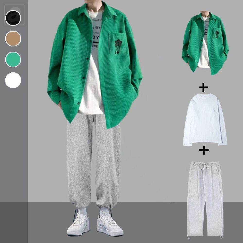 綠色/襯衫+白色/T恤+灰色/褲子