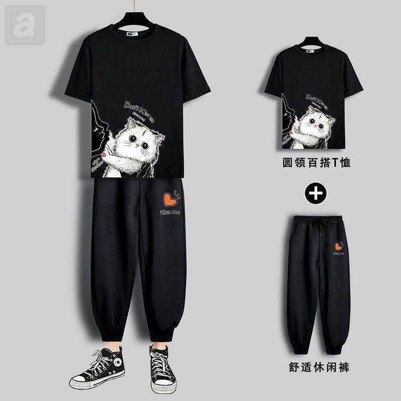 黑色可愛貓/T恤+黑色/褲子