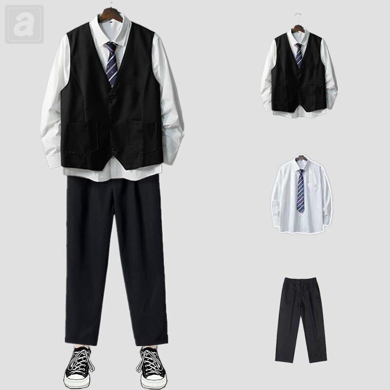 黑色/馬甲+藍色/領帶+白色/襯衫+黑色/褲子