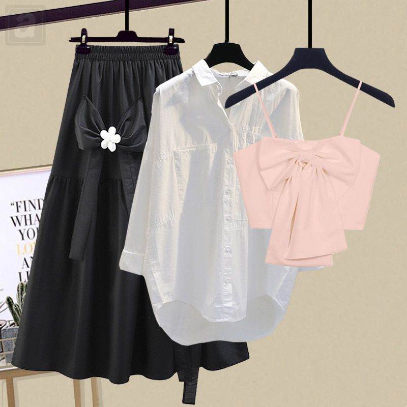粉色/背心+白色/襯衫+黑色/半身裙類