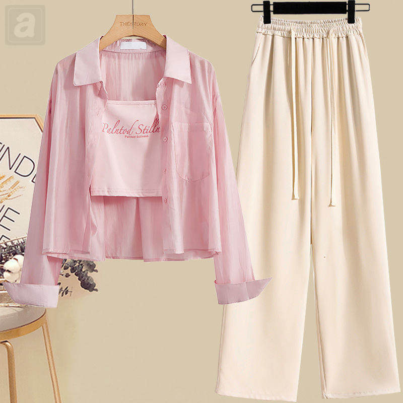 粉色/襯衫+粉色/吊帶+杏色/褲子