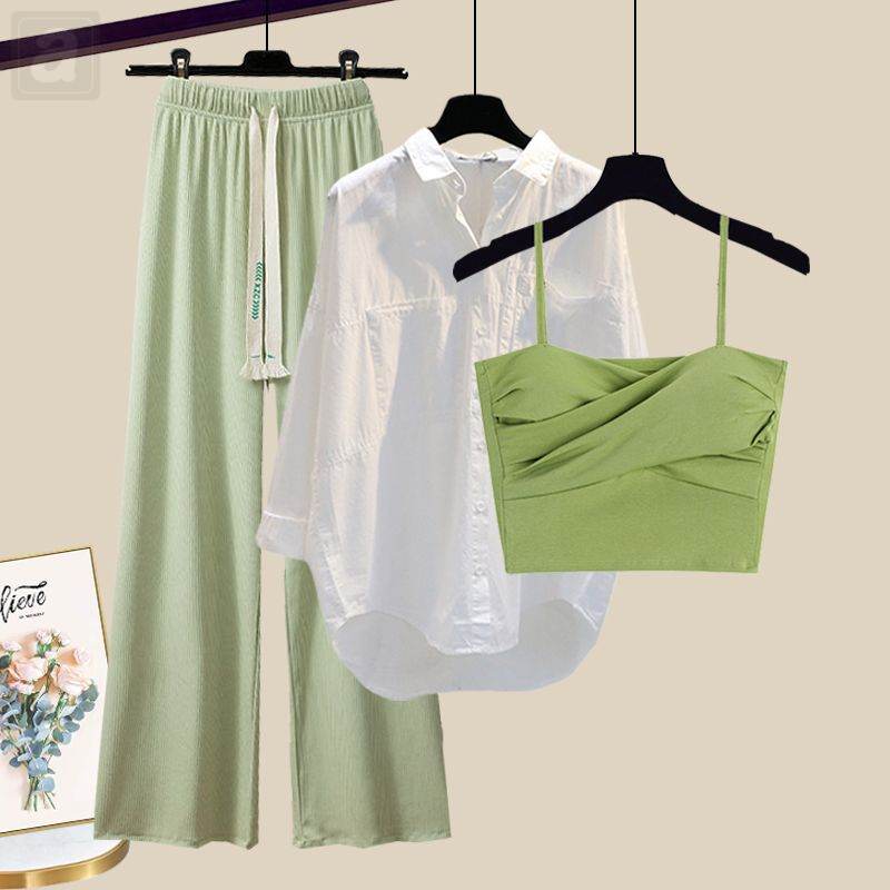 綠色吊帶+白色襯衫+綠色闊腿褲/3件套