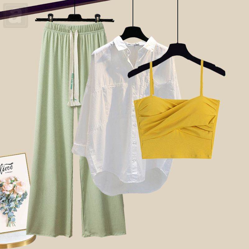 黃色吊帶+白色襯衫+綠色闊腿褲/3件套