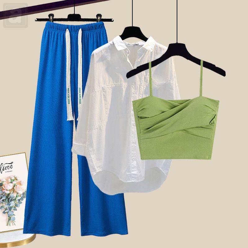 綠色吊帶+白色襯衫+藍色闊腿褲/3件套