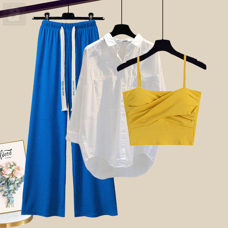 黃色吊帶+白色襯衫+藍色闊腿褲/3件套