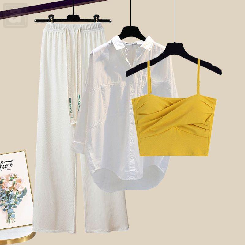 黃色吊帶+白色襯衫+白色闊腿褲/3件套
