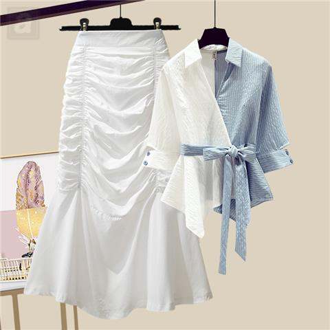 藍白/襯衫+白色/半身裙