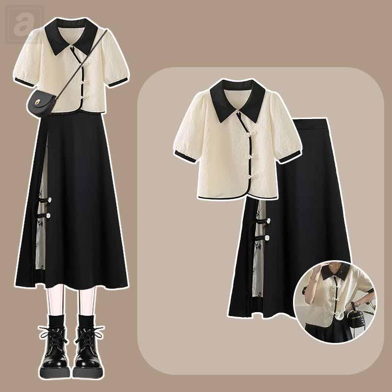白色/中式襯衫+黑色/半身裙