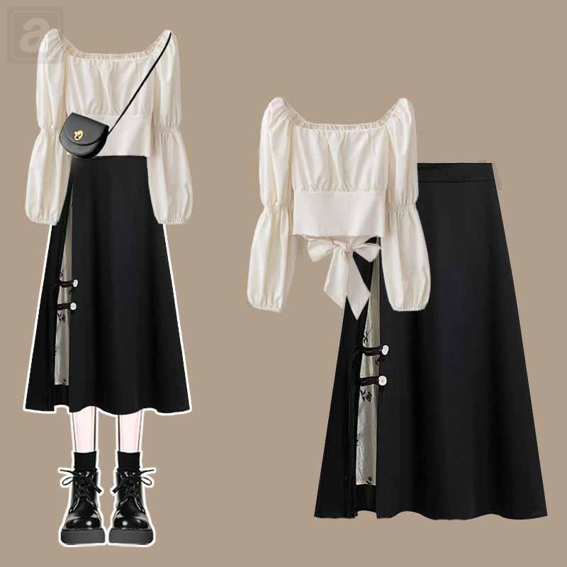 白色/設計感上衣+黑色/半身裙
