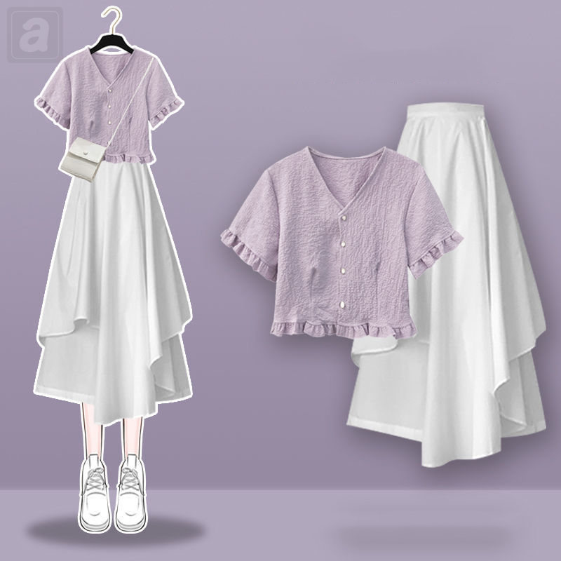 紫色襯衫+白色半身裙類