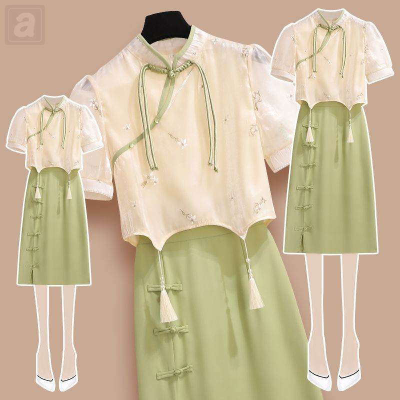 米白色/襯衫+綠色/半身裙