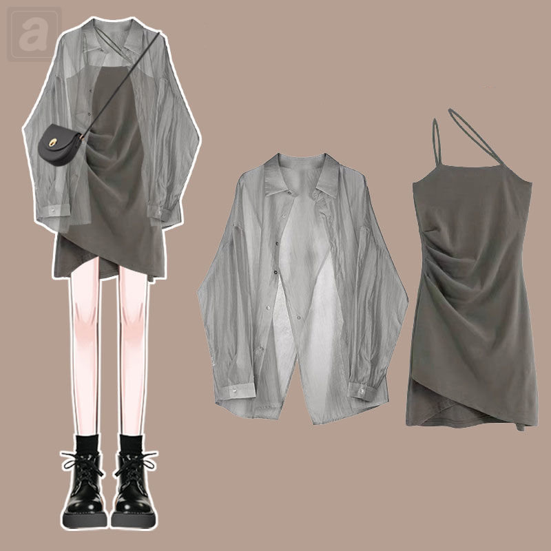 灰色/襯衫+灰色/吊帶洋裝