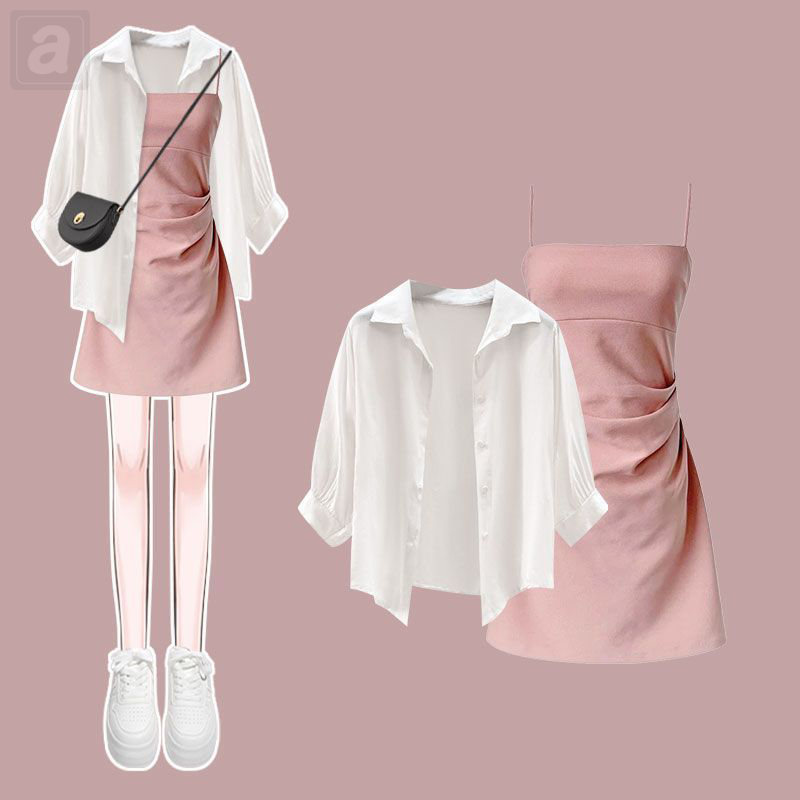 白色/襯衫（七分袖）+粉色/吊帶洋裝