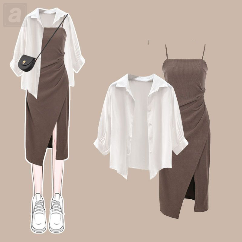 白色/襯衫（七分袖）+咖啡色01/吊帶洋裝