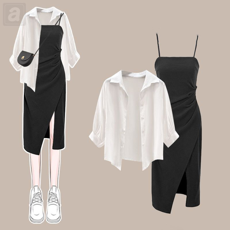 白色/襯衫（七分袖）+黑色/吊帶洋裝