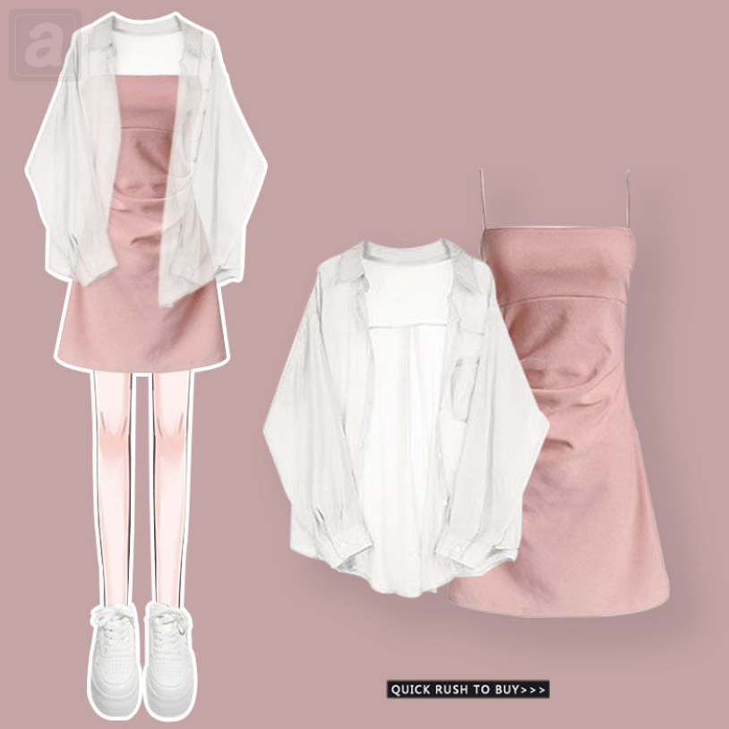 白色/襯衫（長袖）+粉色/吊帶洋裝