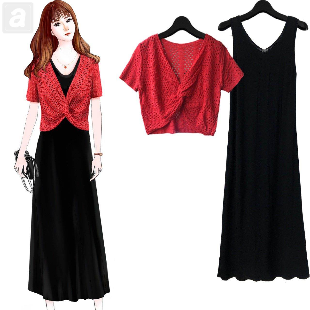 紅色/針織衫+黑色/洋裝