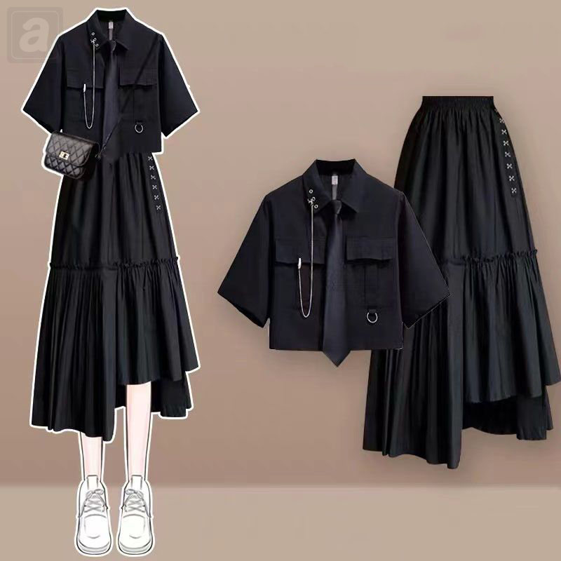 黑色襯衫+半身裙/兩件套
