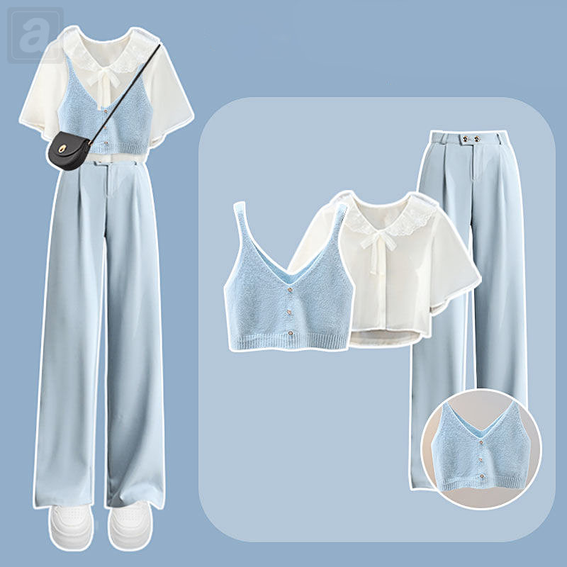 白色/襯衫+藍色/吊帶+藍色/褲子/三件套
