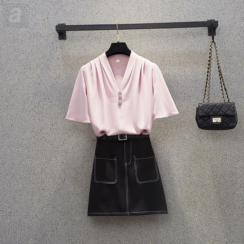 粉色/雪紡衫+黑色/半身裙