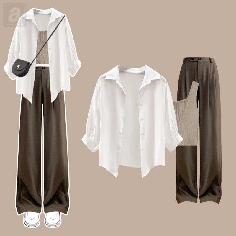 白色/襯衫+咖啡色/背心+咖啡色/褲子