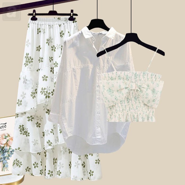綠色吊帶+白色襯衫+白色半身裙/三件套