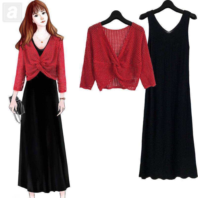 紅色/針織衫+黑色/l洋裝