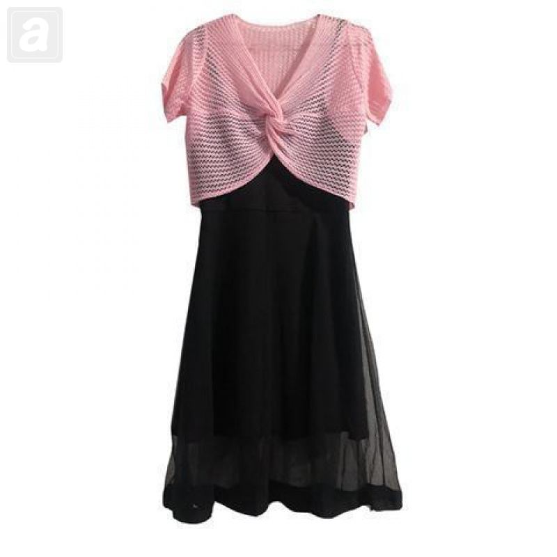 粉色/針織衫+黑色/l洋裝