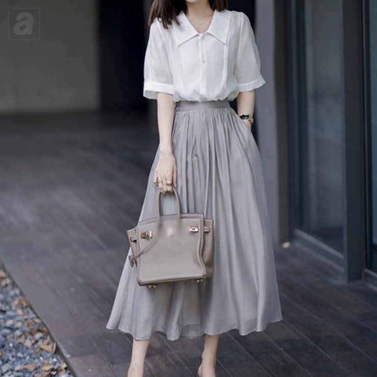 白色/襯衫+灰色/半身裙