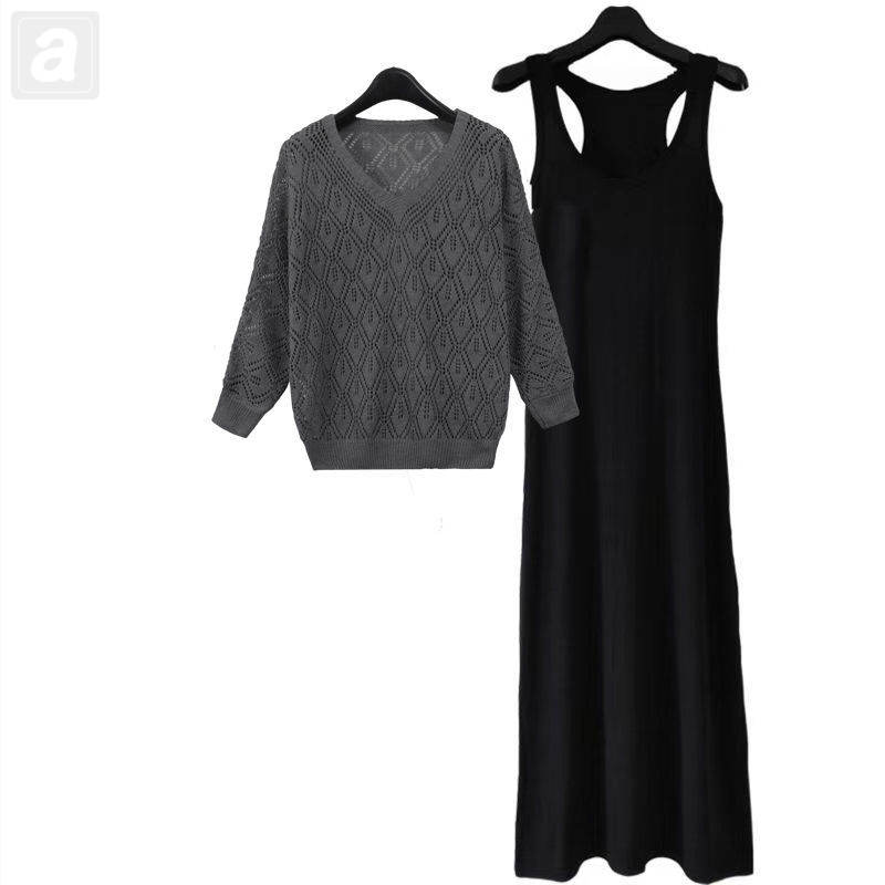 深灰色毛衣+黑色長裙/兩件套
