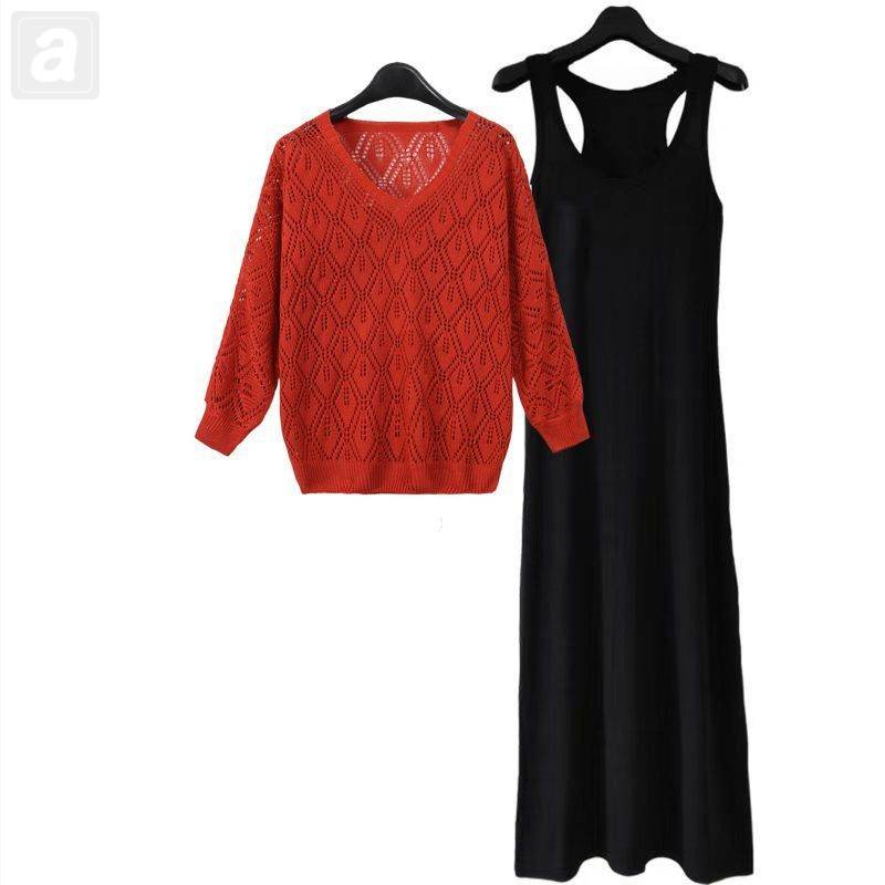 紅色毛衣+黑色長裙/兩件套