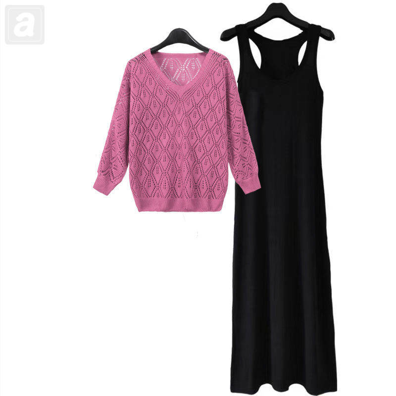 深粉色毛衣+黑色長裙/兩件套