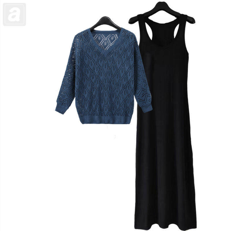 藍色毛衣+黑色長裙/兩件套