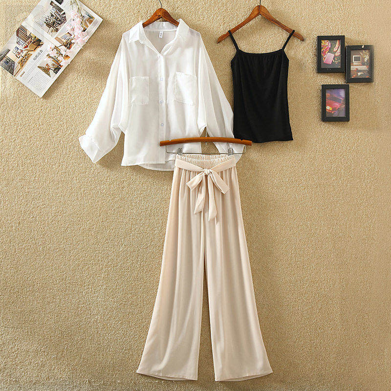 黑色/吊帶+白色/襯衫+杏色/褲子