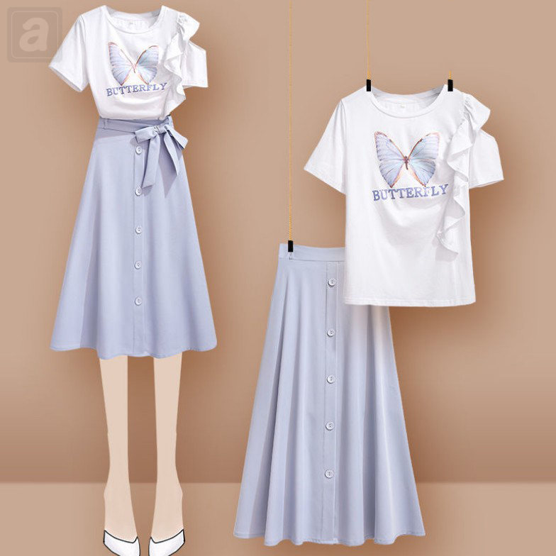白色/T恤+藍色/半身裙類