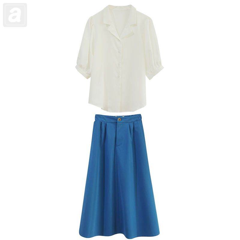 米白色/襯衫+藍色/半身裙類