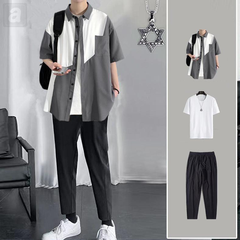 灰色/襯衫+白色/T恤+黑色/褲子